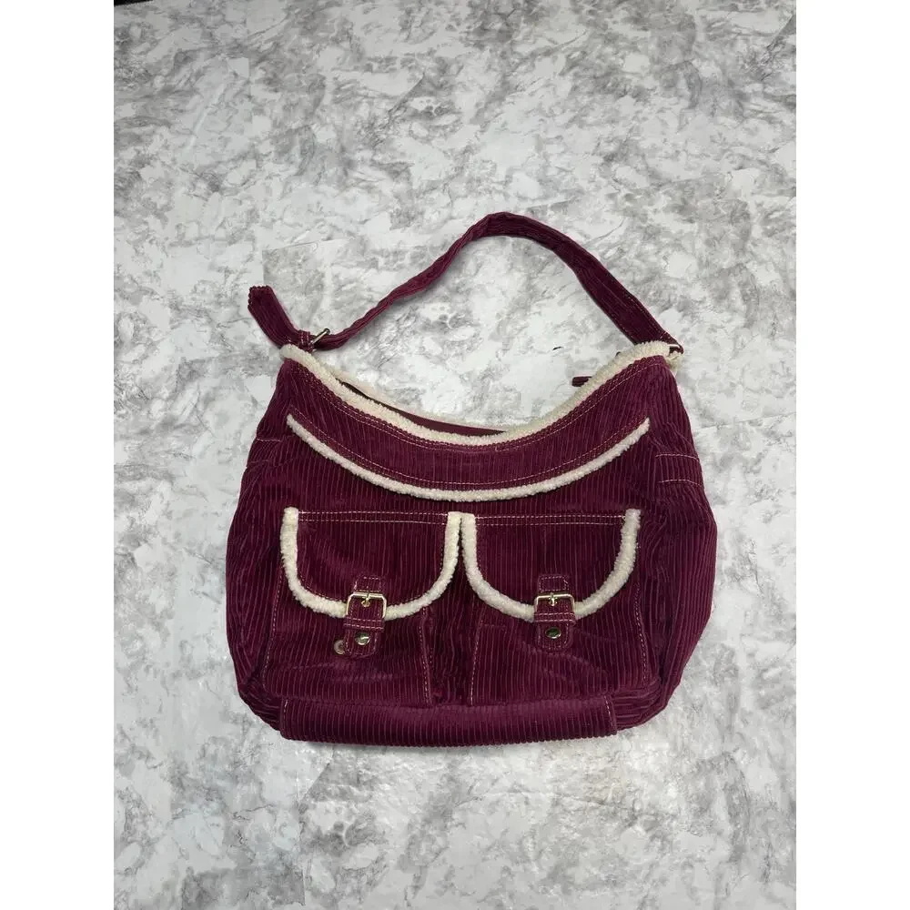 Y2K Indie Sleaze Burgundy Corduroy Sherpa Trim Shoulder Bag Unbranded Hobo Purse